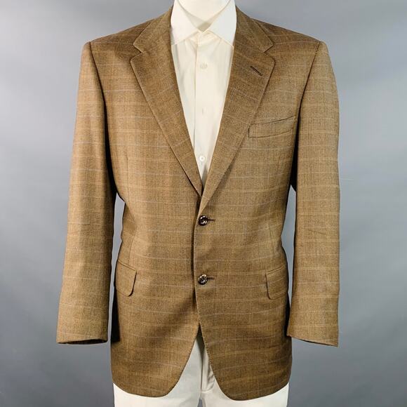 OXXFORD CLOTHES  44 Regular Brown Blue Plaid Wool Tweed Notch Lapel Sport Coat - Picture 1 of 9